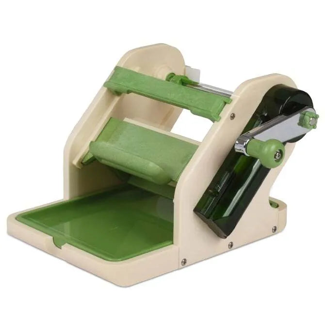 A beige and green 2-in-1 vegetable slicer made of plastic and stainless steel, designed for cutting vegetables into sheets and julienne designs.