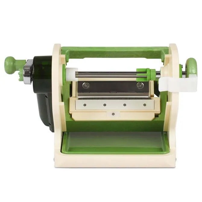 A beige and green 2-in-1 vegetable slicer made of plastic and stainless steel, designed for cutting vegetables into sheets and julienne designs.