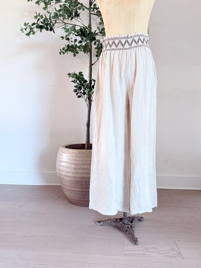 Constance Linen Pant with Smocked Trim