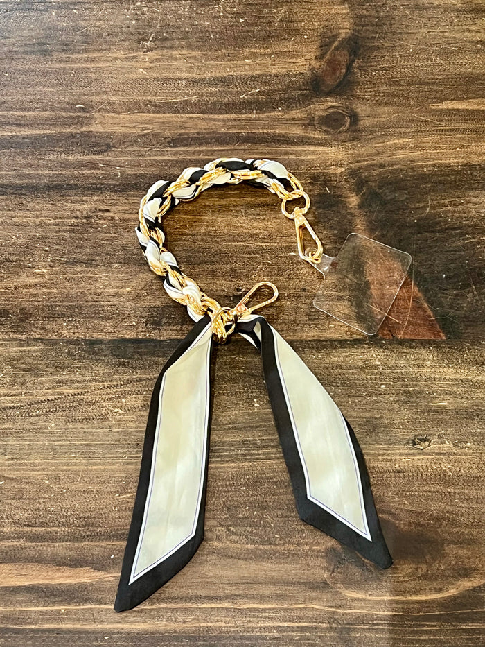 Braided Satin Scarf & Chain Cell Phone Holder- Black & Linen