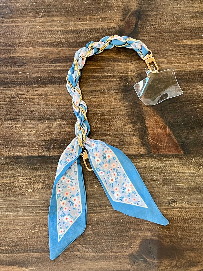 Braided Satin Scarf & Chain Cell Phone Holder- Blue Petite Floral