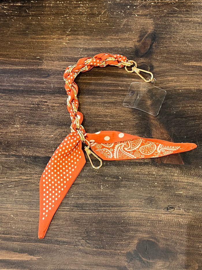 Braided Satin Scarf & Chain Cell Phone Holder- Orange Paisley