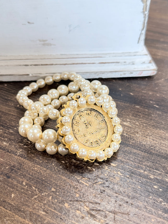 Adrienne Yochi Coin Triple Pearl Strand Bracelet