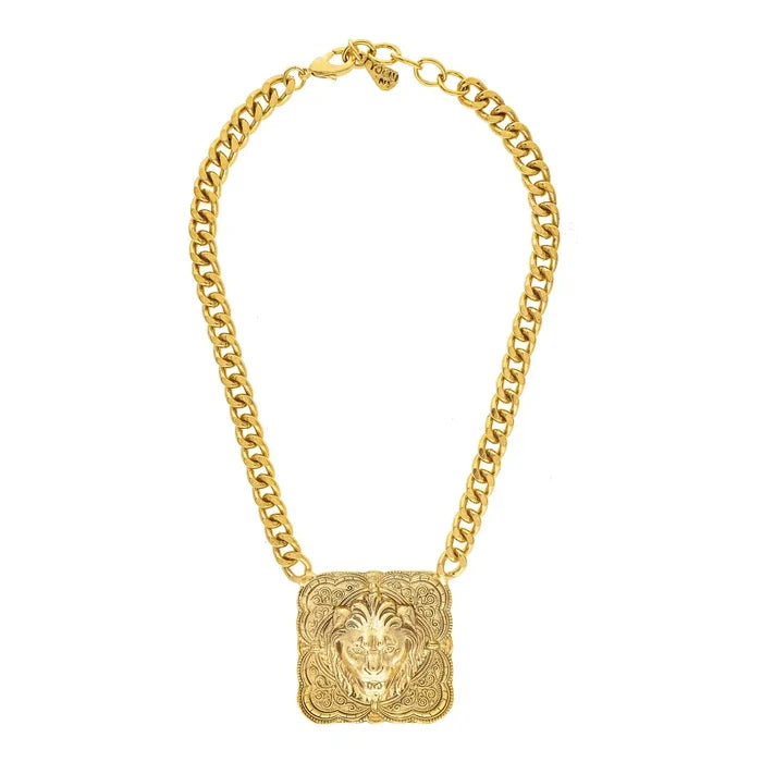 Aera Yochi Gold Lion Head Rectangular Pendant Curb Chain Necklace