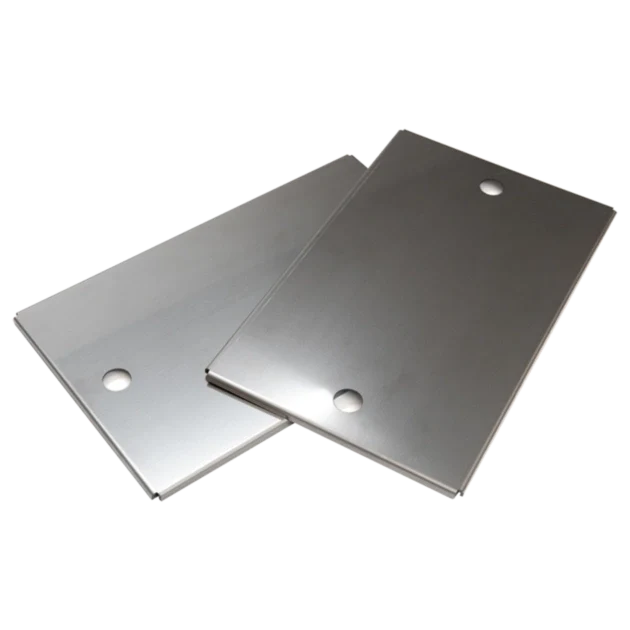 Two metallic flat plates with holes on a white background