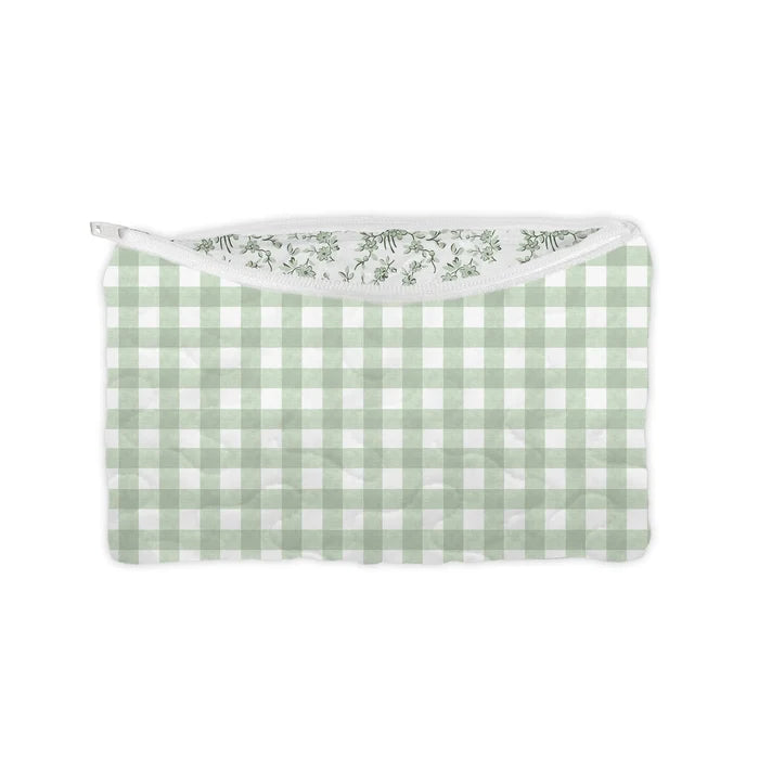 Anthia Gingham Sage Quilted Makeup Bag
