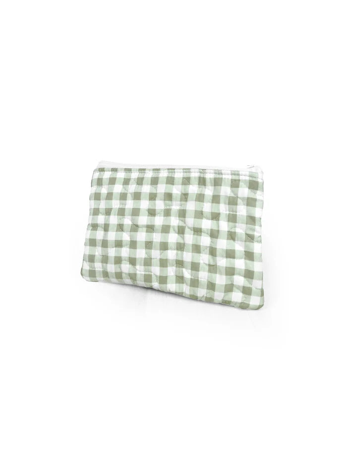 Anthia Gingham Sage Quilted Makeup Bag