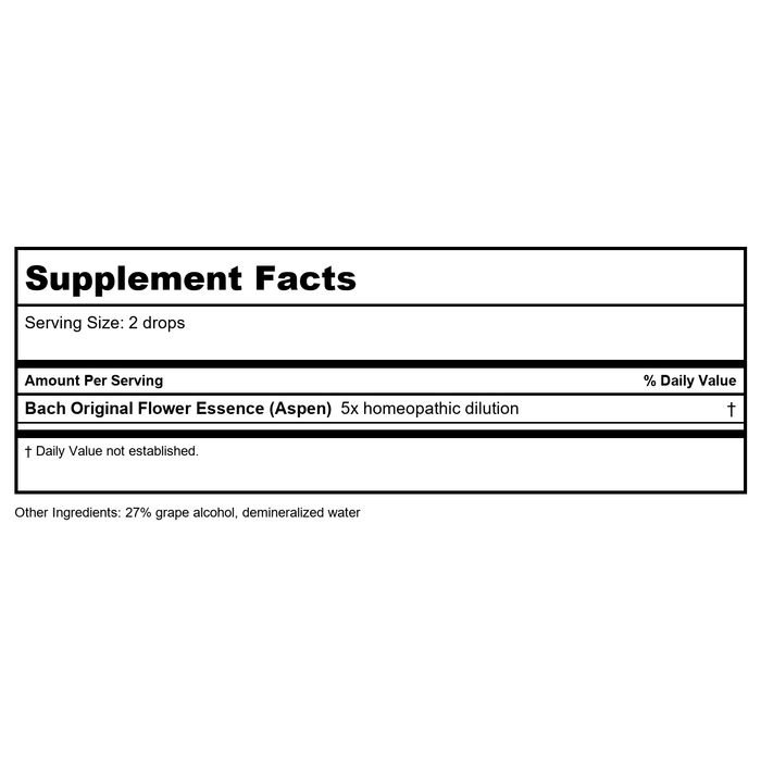 Bach Aspen 20ml - 5 Bottles - Supplement Facts panel