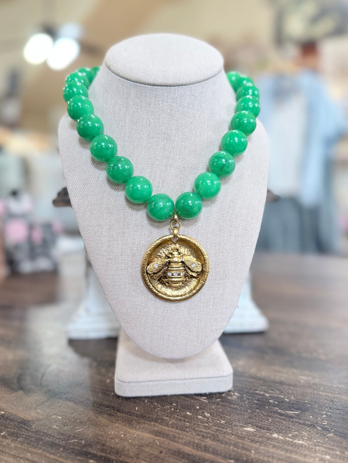 Beatrice Yochi Jade Green Bead Gold Bee Medallion Necklace