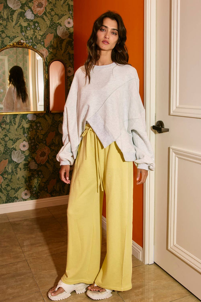 Bessie Exposed Seam Details Drawstring Solid Terry Sweatpants