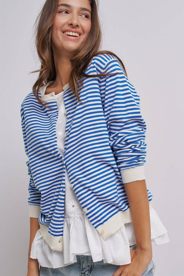 Breton Striped Knit Button Front Cardigan