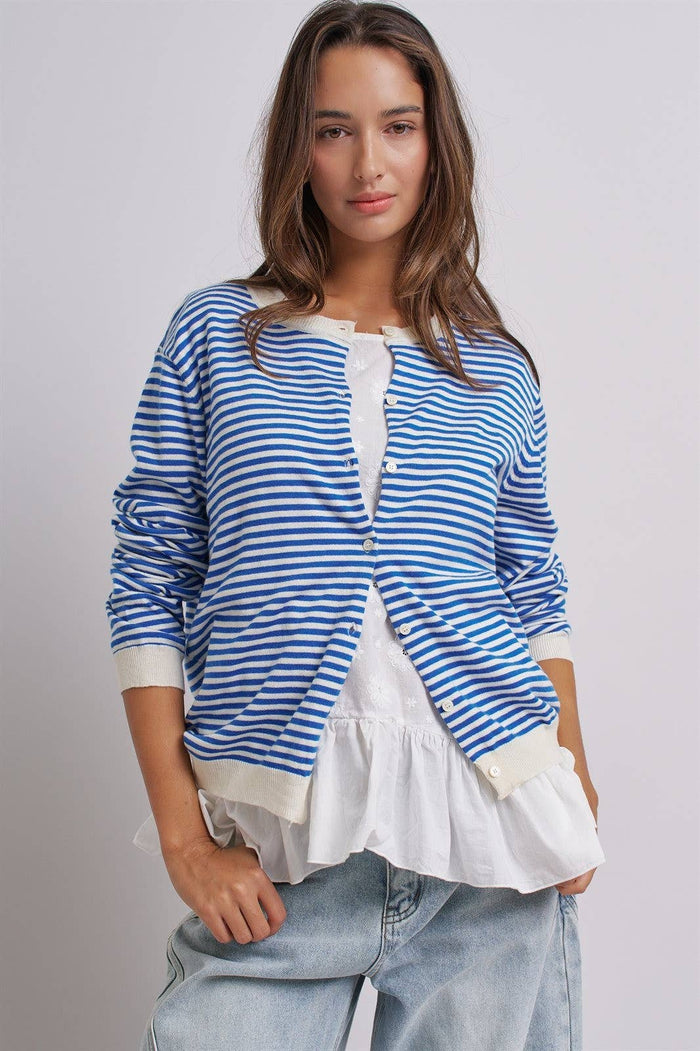 Breton Striped Knit Button Front Cardigan