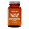 Amber glass bottle of 'BePure Burnout Rescue' 60 vege capsules dietary supplement on a white background