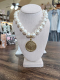 Celeste Yochi Crystal Pearl Angel Medallion Necklace