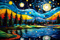 Colorful Starry Night  And Pond