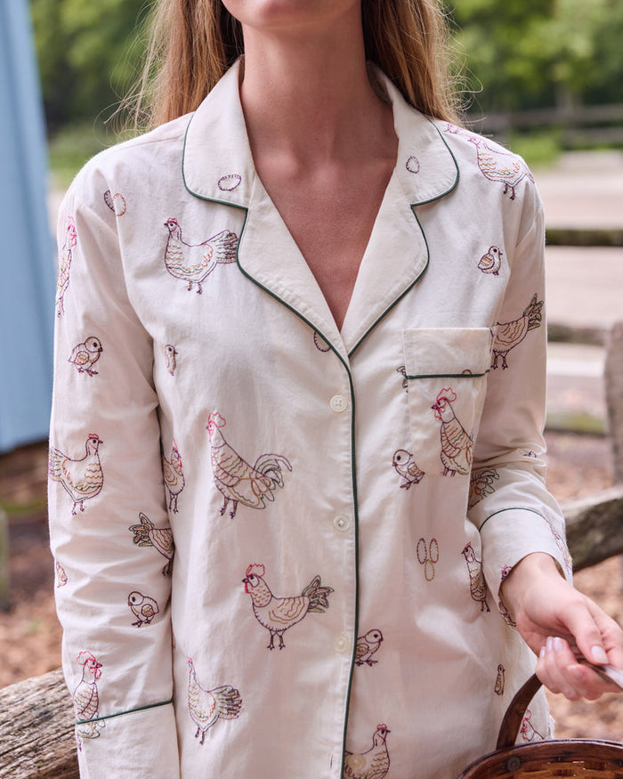 Embroidered Hens- Long PJ Set by PrintFresh
