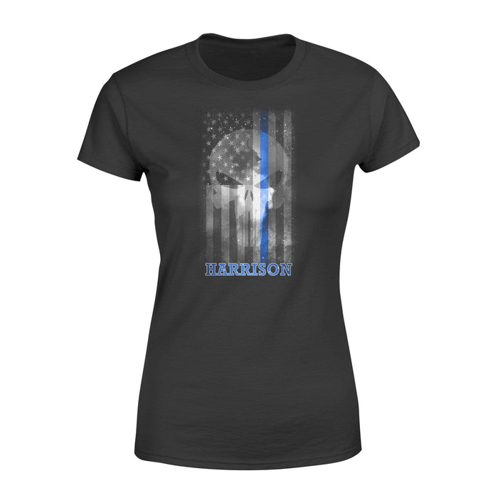 Apparel XS / Black Personalized Shirt - Galaxy Skull Thin Blue Line Flag - Standard Women's T-shirt
