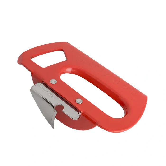 Side view of Japanese Red Gangy Can and bottle opener on white background.