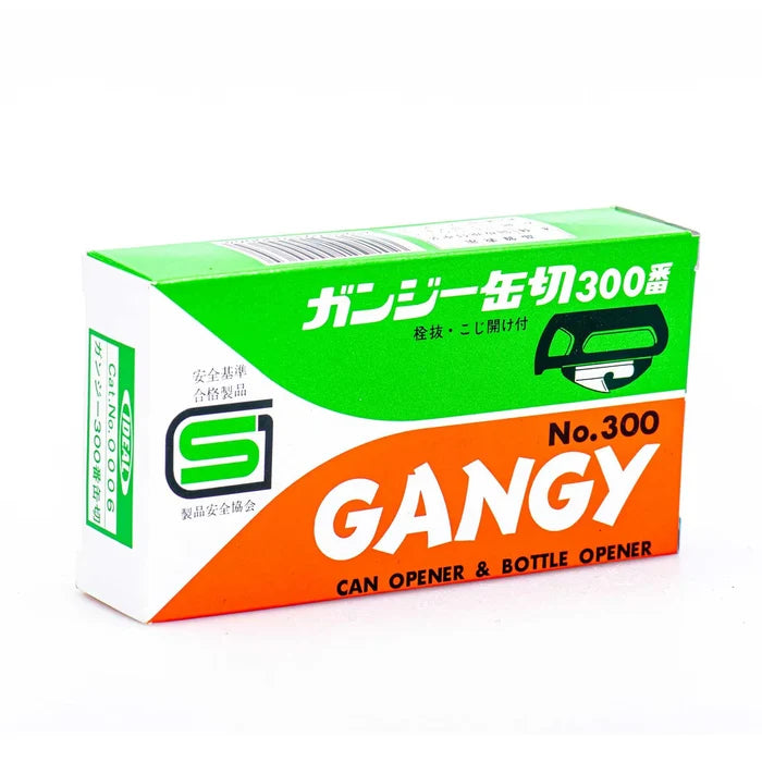 Green, orange and white Box front of Japonese Red Gangy Can and bottle opener on white background.