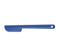 A blue silicone spatula with a flat blade and a hanging loop on the handle, shown horizontally against a plain white background.