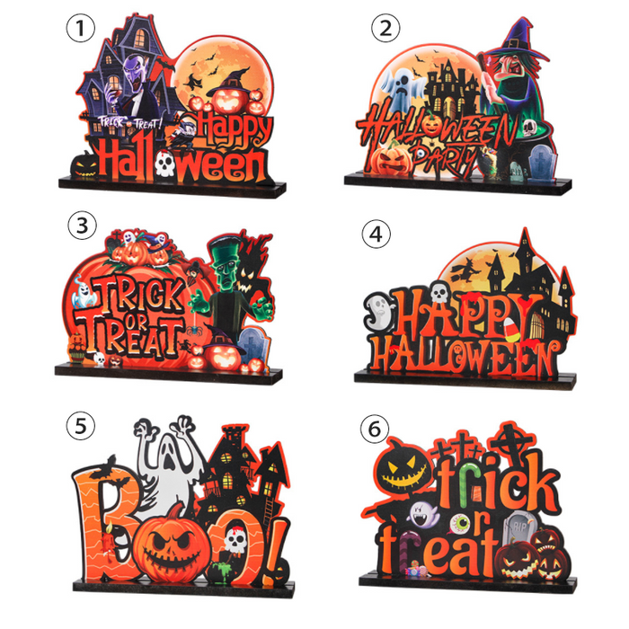 Halloween Wooden Table Decoration with Pumpkin and Spooky Motifs