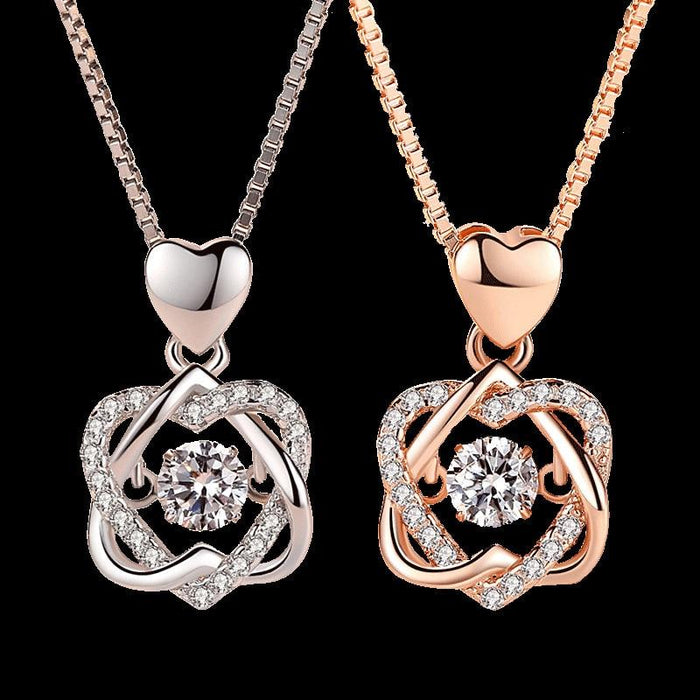 Fashion Romantic Double Heart Flower Pendant Necklace with Zircon Rose - 1203