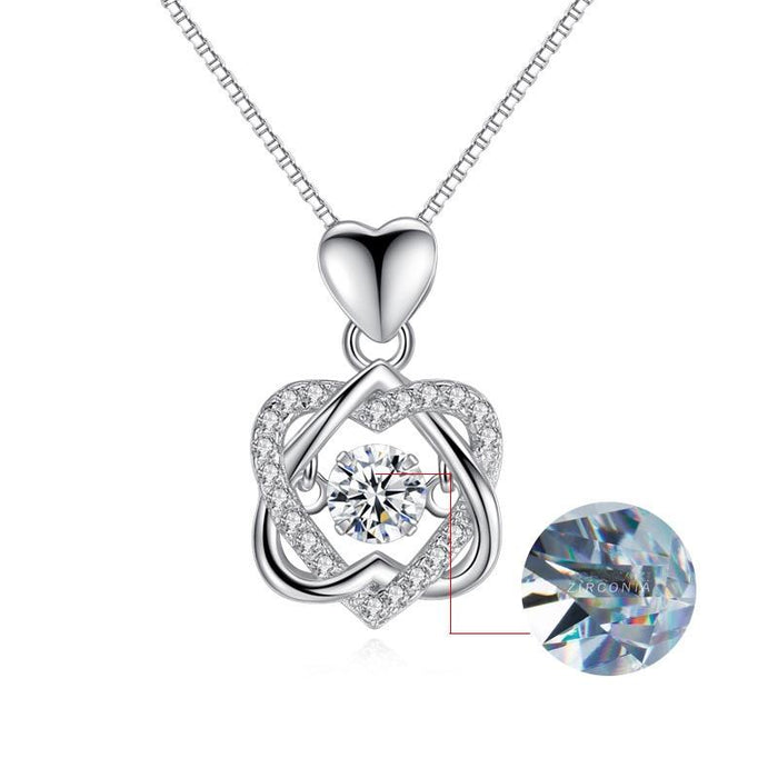 Fashion Romantic Double Heart Flower Pendant Necklace with Zircon Rose - 1203