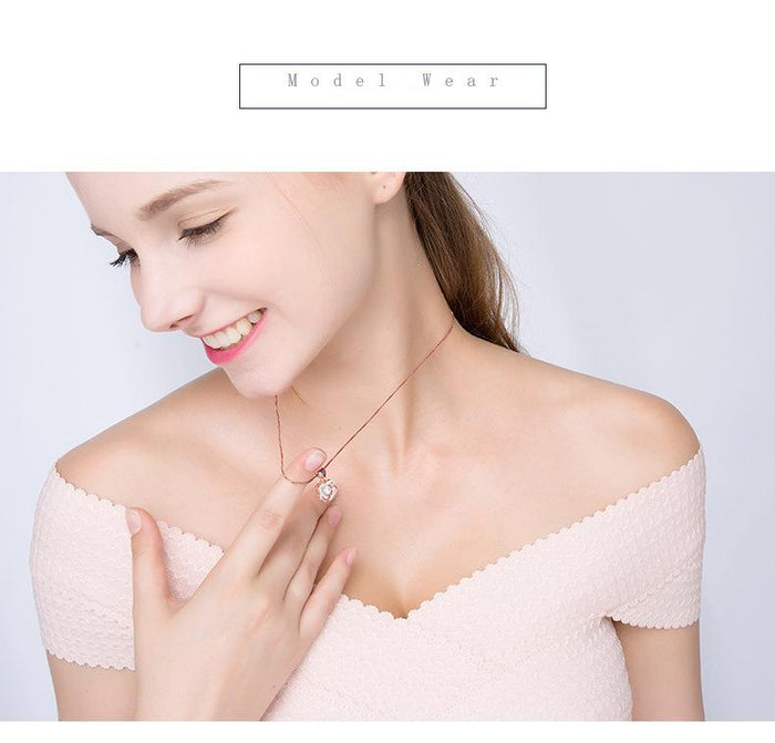 Fashion Romantic Double Heart Flower Pendant Necklace with Zircon Rose - 1203