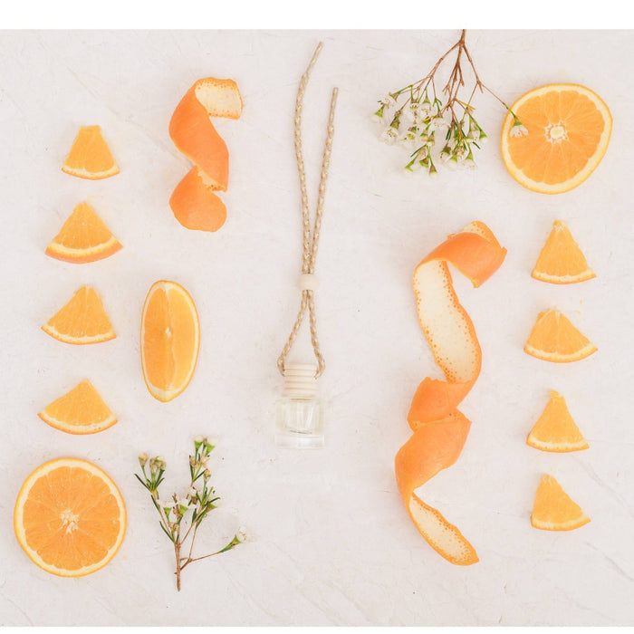 Satsuma car diffuser styled with fresh orange slices, citrus peels, and botanical accents on white background