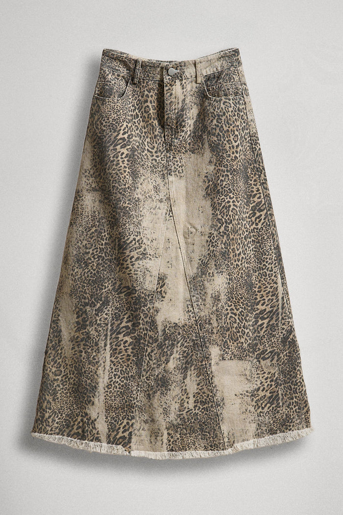 Kaley Washed Leopard Print Denim Maxi Skirt