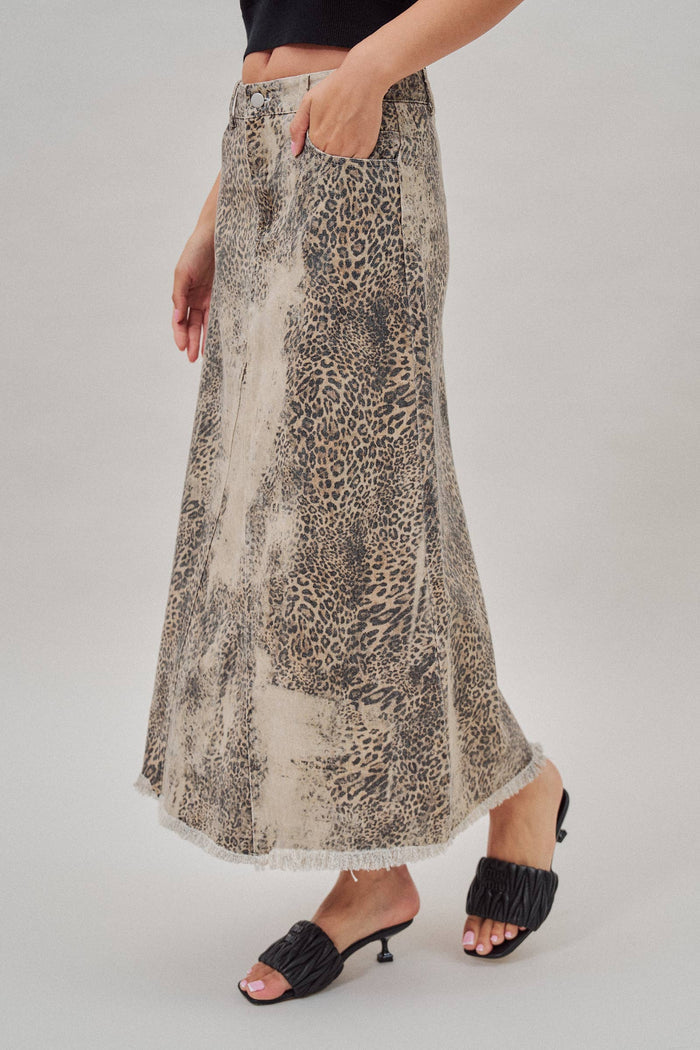 Kaley Washed Leopard Print Denim Maxi Skirt