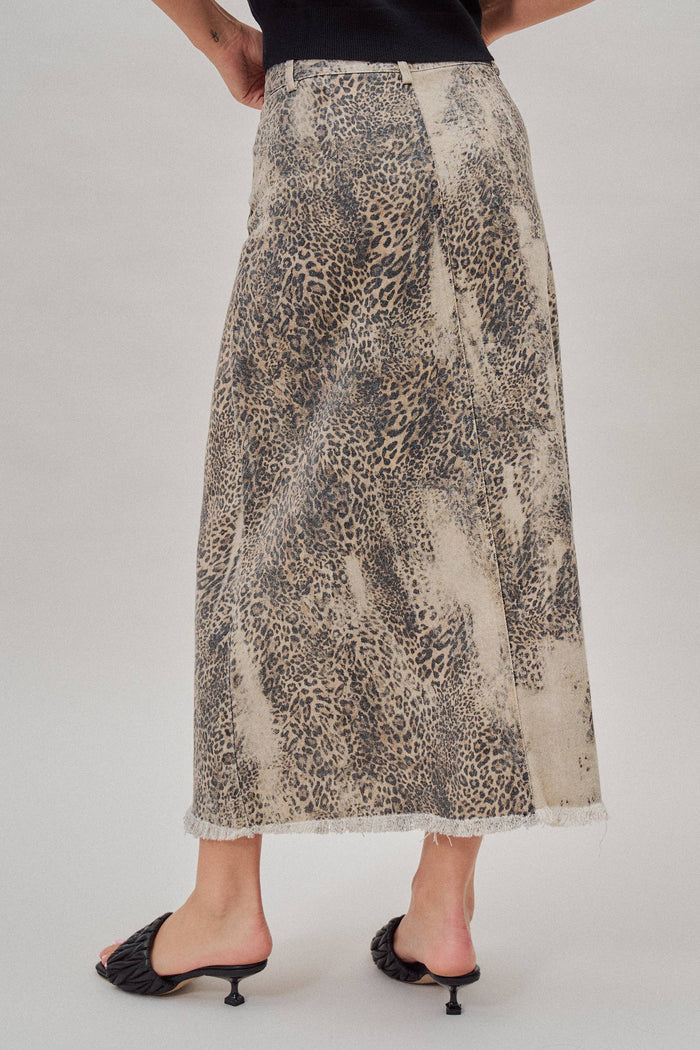 Kaley Washed Leopard Print Denim Maxi Skirt