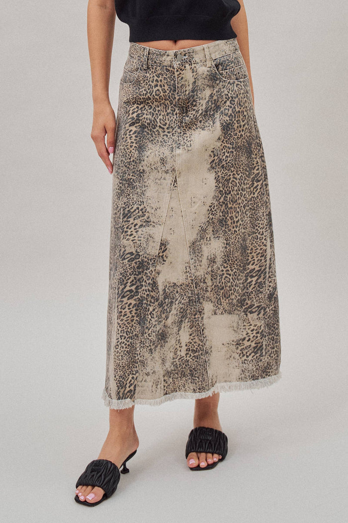 Kaley Washed Leopard Print Denim Maxi Skirt