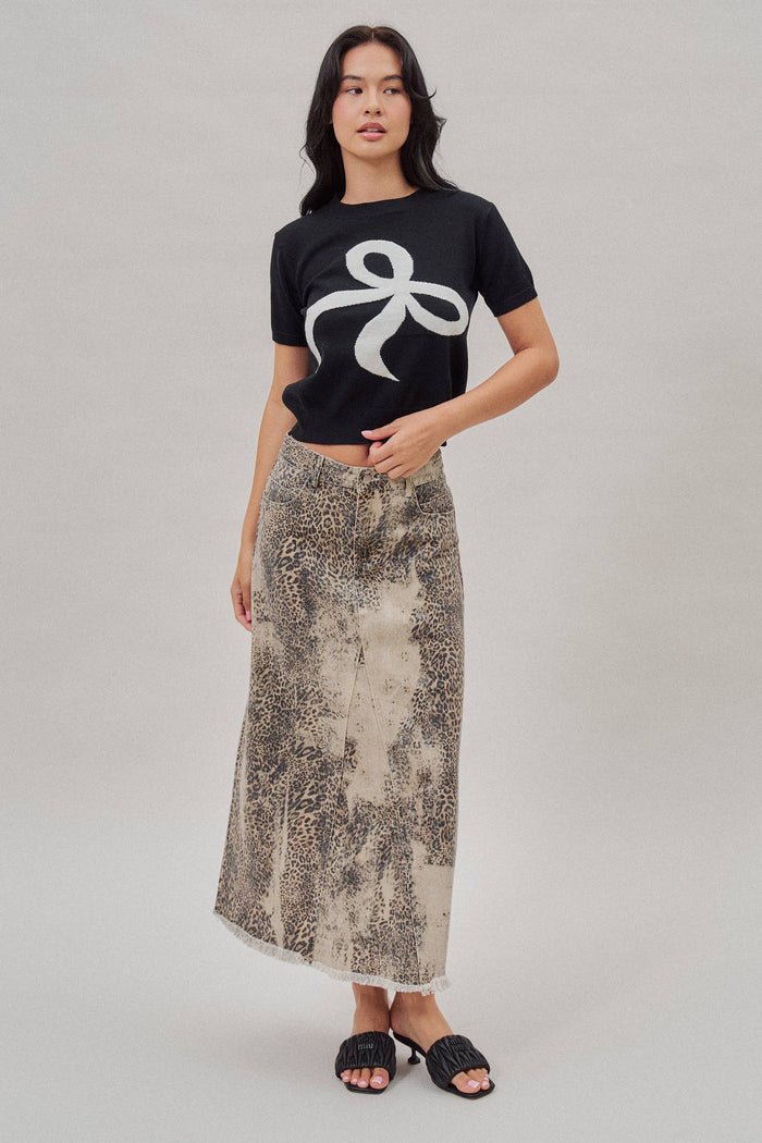 Kaley Washed Leopard Print Denim Maxi Skirt