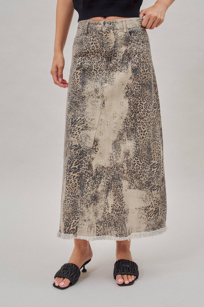 Kaley Washed Leopard Print Denim Maxi Skirt