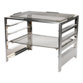Stainless steel grilling rack with two shelves, designed for use with a medium-wide grill.