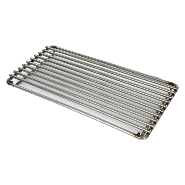 A stainless steel searing grate with parallel bars, intended for use on a grill.