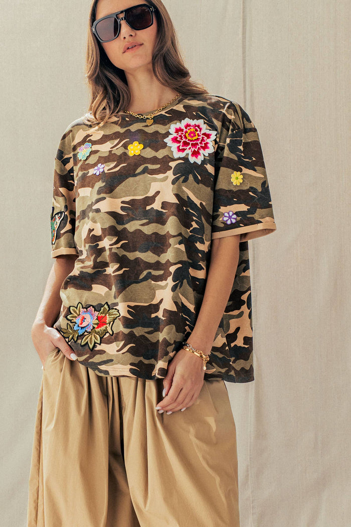 Lennon Camo Floral Patch Oversized Cotton Tee