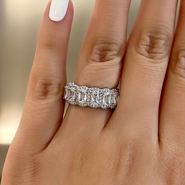 Luxurious Halo Cushion Cut Wide Wedding Band For Women In Sterling Silver