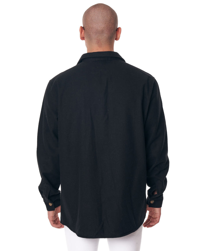 Martin Valen black men's lumberjack shirt, rear view showing neckline and shoulder seams