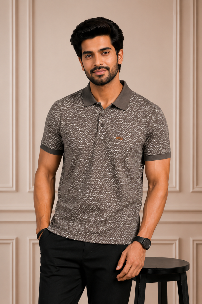 Men's Premium Charcoal Grey Printed Polo T-Shirt | Soft Cotton Blend | Smart  Half Sleeve Polo