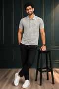 Men's Premium Light Grey Printed Polo T-Shirt | Soft Cotton Blend | Smart Half Sleeve Polo