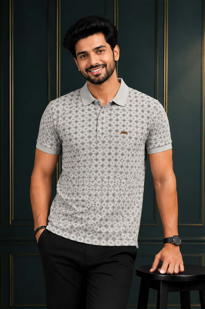 Men's Premium Light Grey Printed Polo T-Shirt | Soft Cotton Blend | Smart Half Sleeve Polo