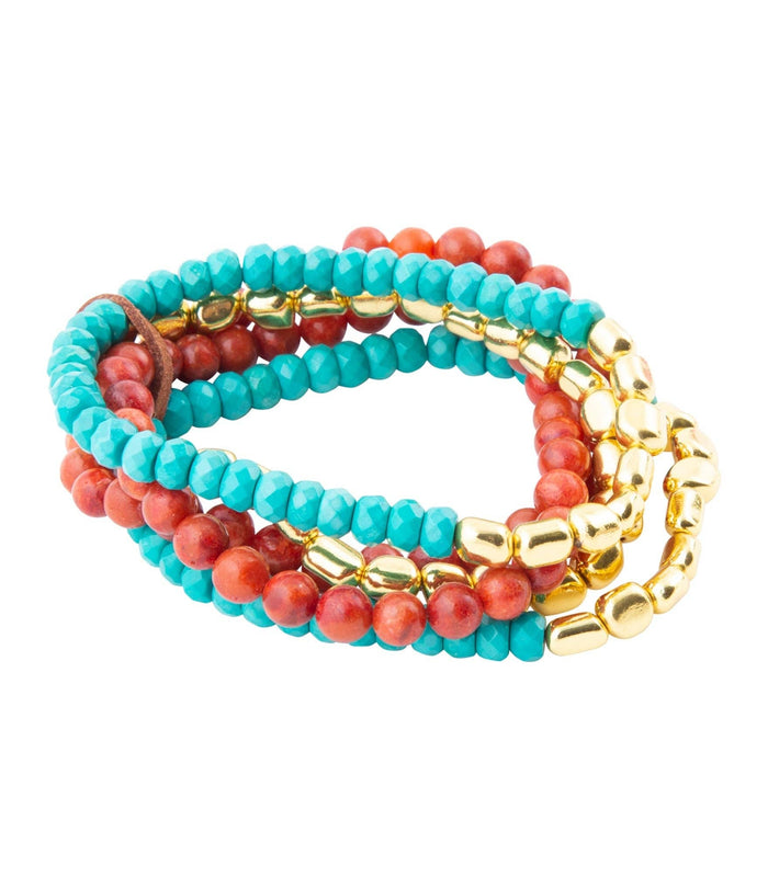 Mesa Blue Magnesite and Red Coral Golden Bracelet Set