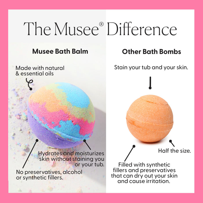 Musee Bath Balm comparison chart showing natural ingredients vs other bath bombs with staining