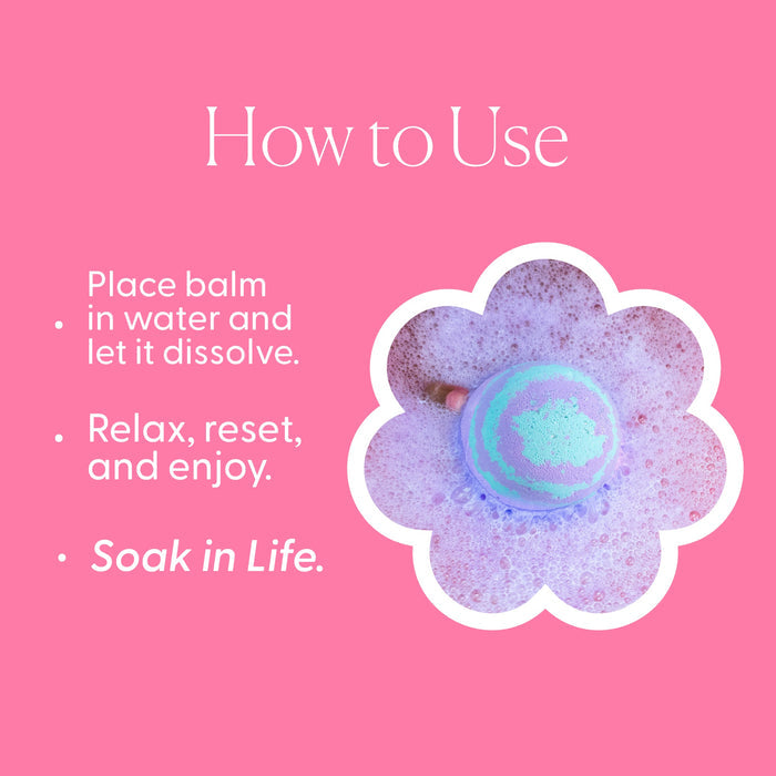 MUSEE Dreamweaver Bath Balm how to use instructions with product display on pink background