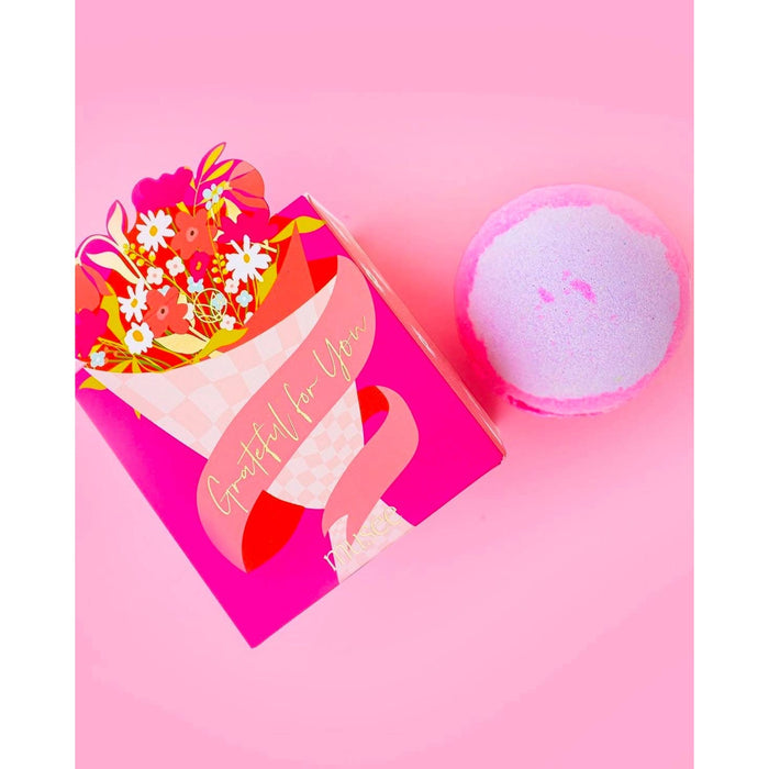 Grateful for You bath balm gift set with pink bath bomb and colorful flower bouquet packaging