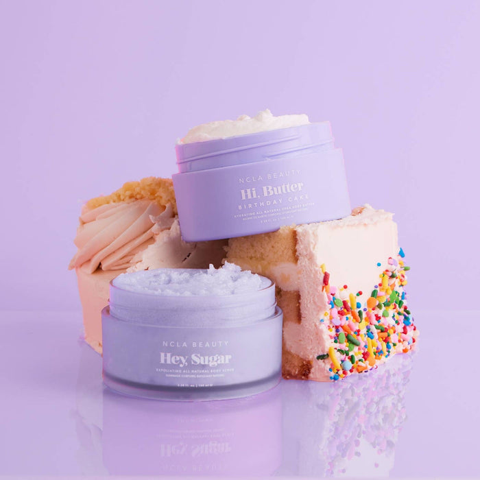 NCLA Beauty Birthday Cake Body Scrub and Body Butter Set with cake decoration styling