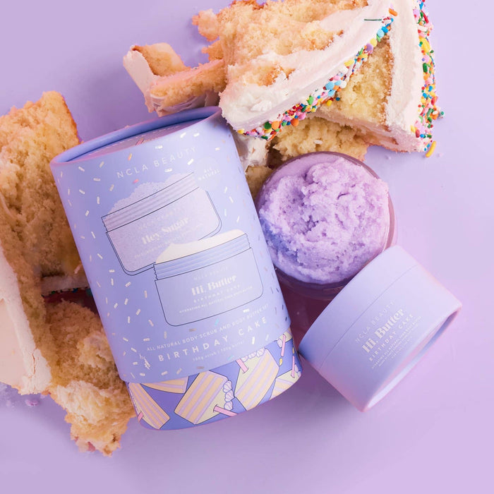NCLA Beauty Birthday Cake Body Scrub and Butter Set displayed with cake slices on purple background