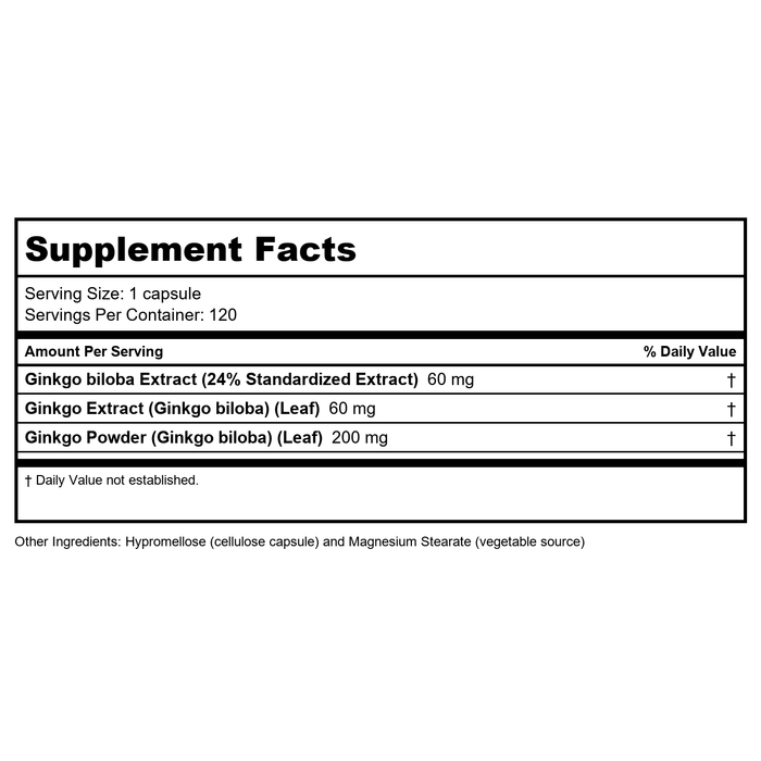 Now Foods Ginkgo Biloba 60 mg 120 Vcaps - 4687 - Supplement Facts panel